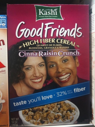 Box of Kashi "Good Friends" cereal. Two women are smiling on the box, looking very phony.