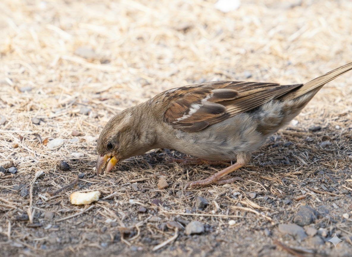 Photo of a sparrow, in partial shadow, picking up a seed off of scrubby ground. 