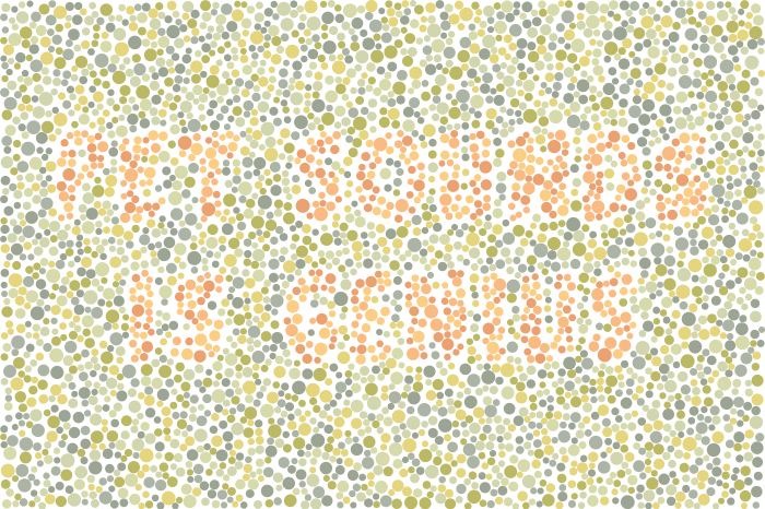 A color blindness test card. "PET SOUNDS IS GENIUS" is hidden among the orange and green dots.